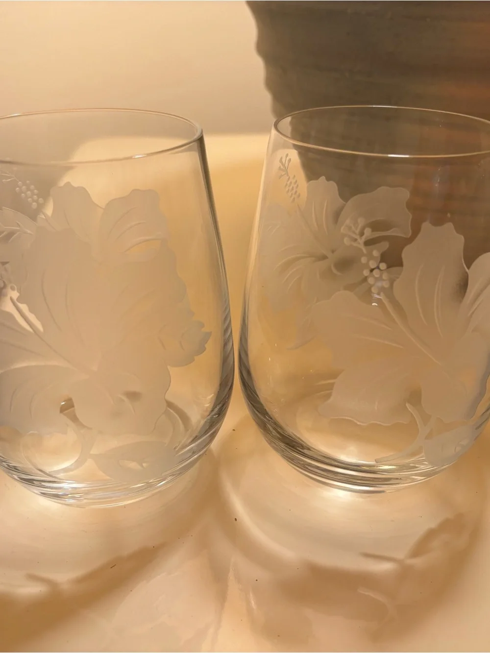 Etched Floral Stemless Wine Glasses - Set of 2, Clear